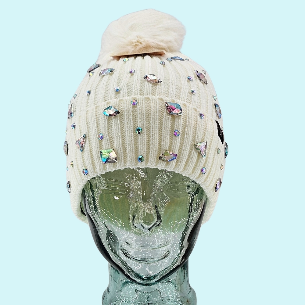 Nanette Lepore Hat Beanie Ivory Rhinestone Embellished Faux Fur Pom Cottagecore